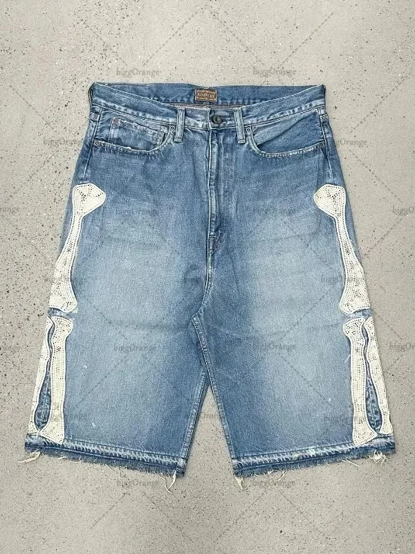 Deeptown Y2k Vintage Harajuku Denim Shorts Women Washed Letter Embroidery Tassels American Retro Jeans Man Baggy Hip Hop Jorts