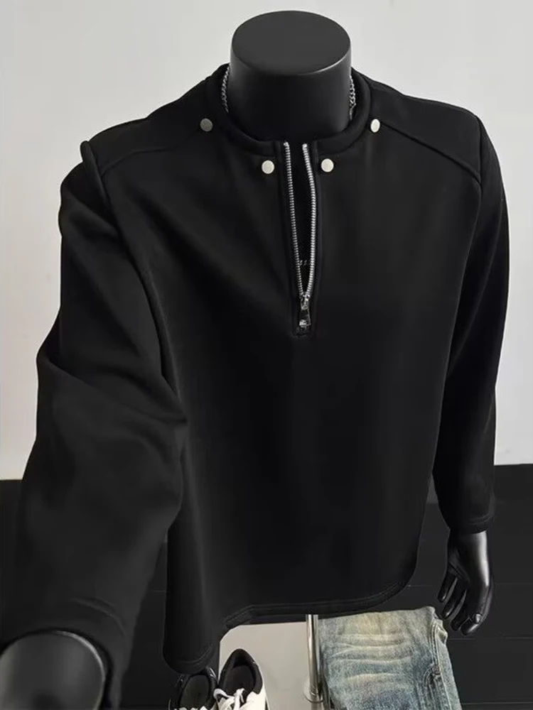 Gray Shoulder Padded Hoodie Men's Long Sleeve T-Shirt Spring American High Street Style Bottom Heavy Base Shirt
