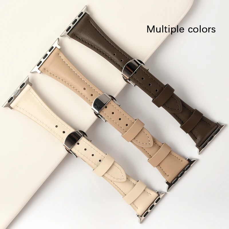 Correa de cuero para Apple Watch, banda de 40mm, 42mm, 44mm, 45mm, 49mm, 41mm, pequeña hebilla de mariposa delgada para iwatch series 9 8 7 6 SE 5 ultra 2