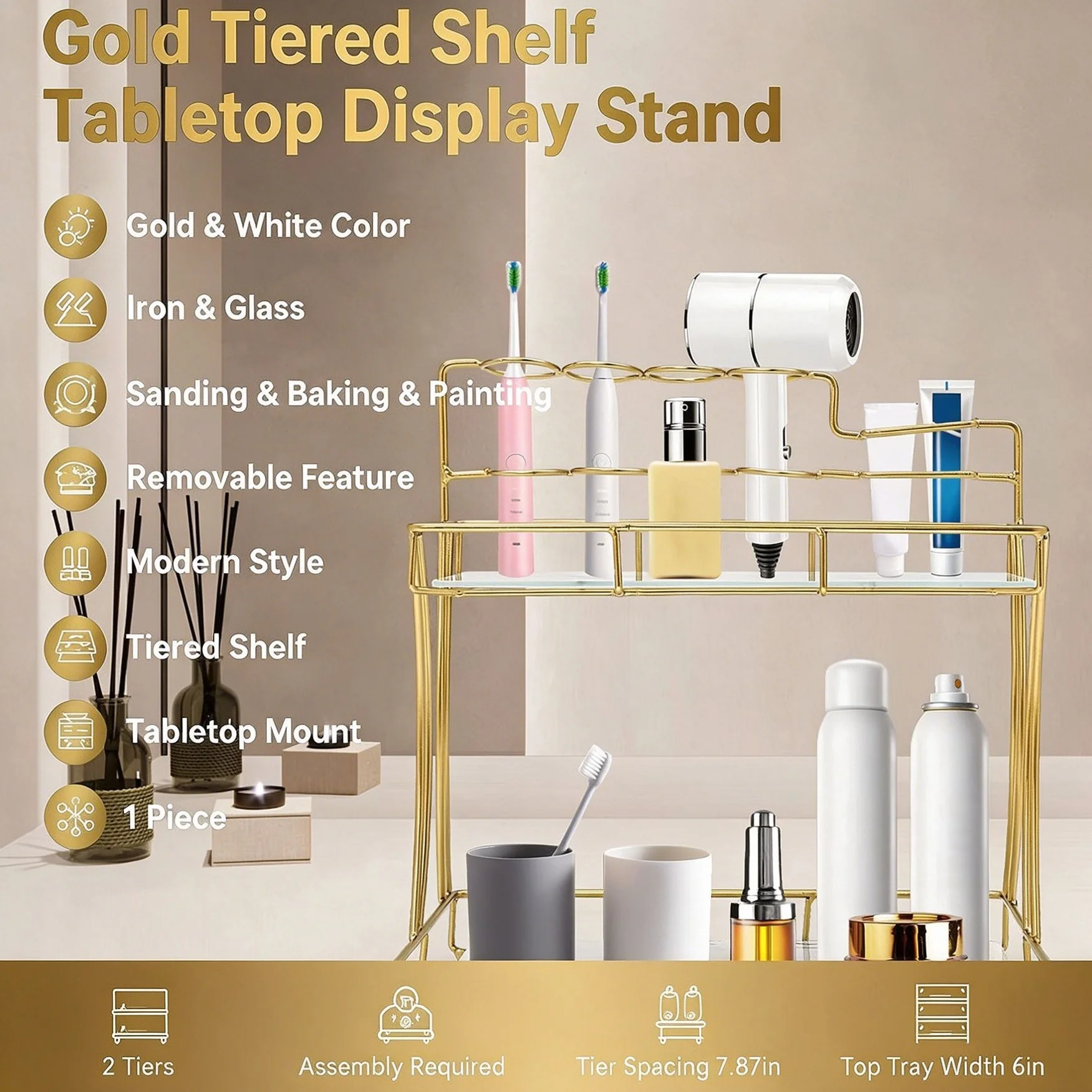 Gold and White Bathroom Organizer Countertop With Toothbrush Holders, 2 Tier Bathroom Vanity Organizer,Removable Tier Tray For Dresser,Bedroom, Living Room Gold