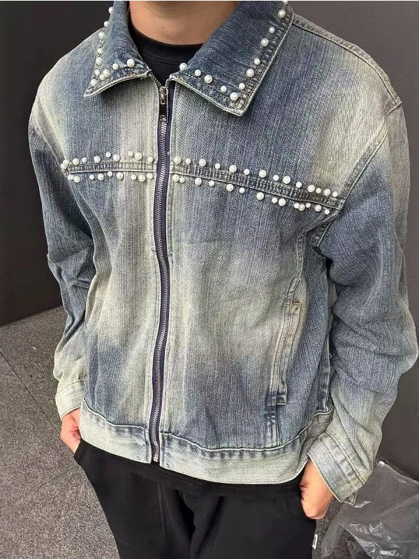 

Ретро-куртка из денима в американском стиле с бисерным декором, свободного кроя, модная, на молнии, повседневная, хлопковая