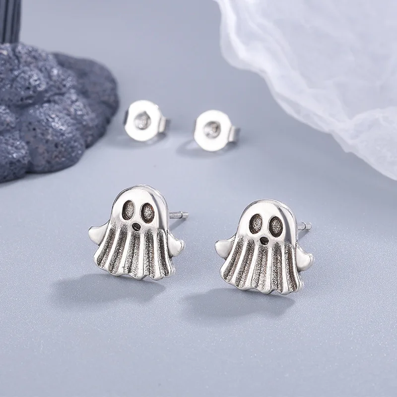 Original Cartoon Niche Design 925 Sterling Silver Jewelry Retro Halloween Ghost Stud Earrings 3919