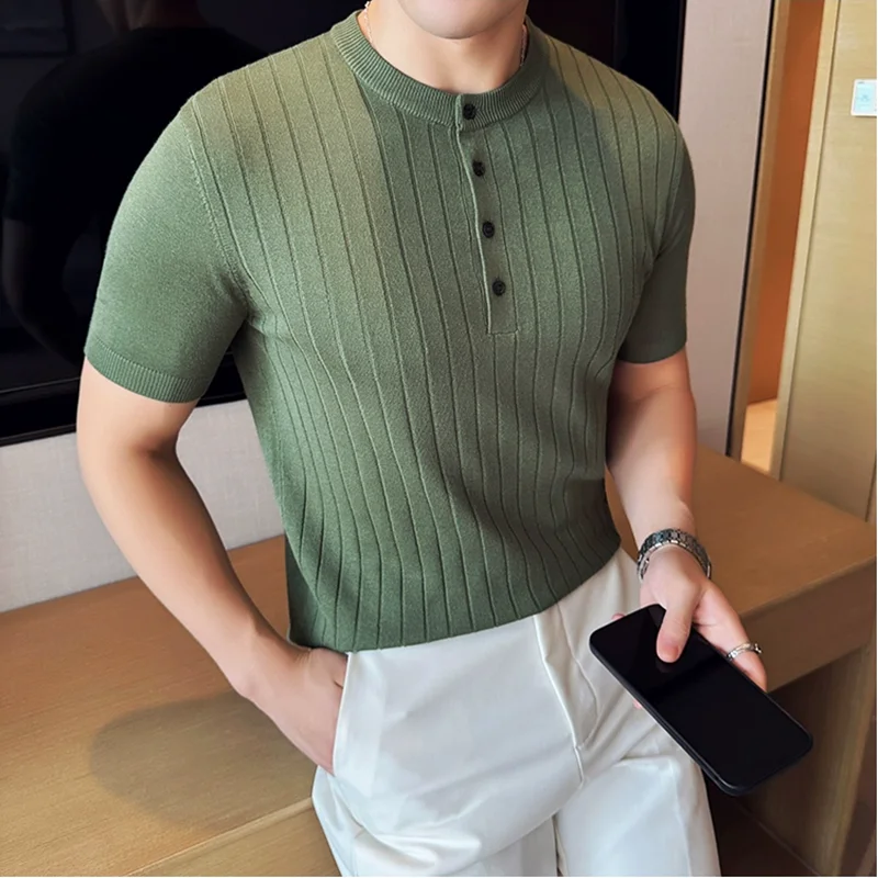 New Chinese Style Crew Neck Knitted Polo Shirt / 2024 Summer Men Ice Silk Breathable Striped Casual Short Sleeve T-Shirt 3XL-M