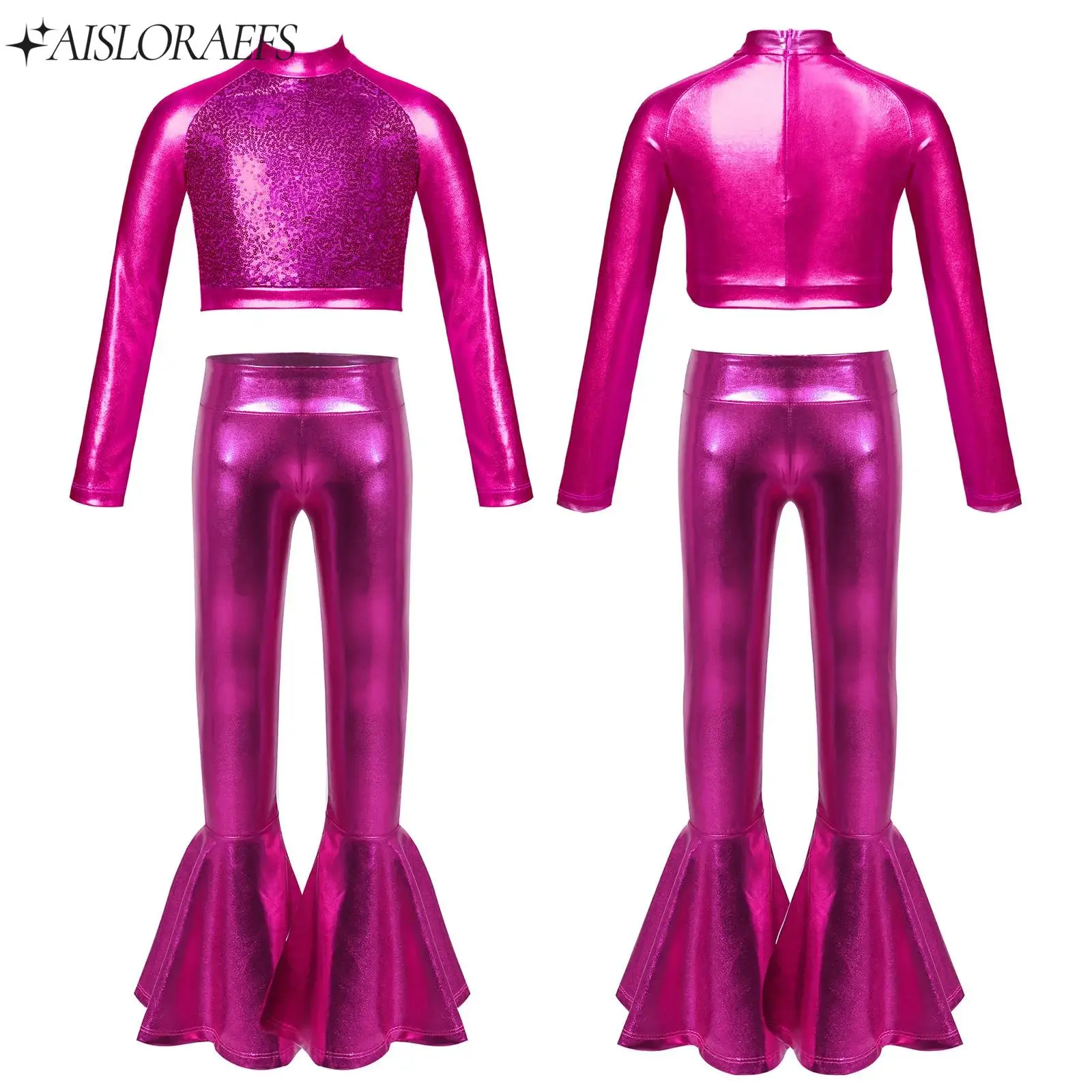 

Girls Latin Jazz Rumba Samba Dance Costume Salsa Performance Set Mock Neck Long Sleeve Front Sequin Metallic Crop Top Pants Set