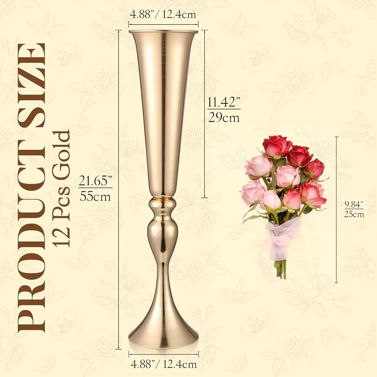 Wedding Centerpiece Table Decor Gold Vases, 21.65 Inches Tall, 12-Piece Set