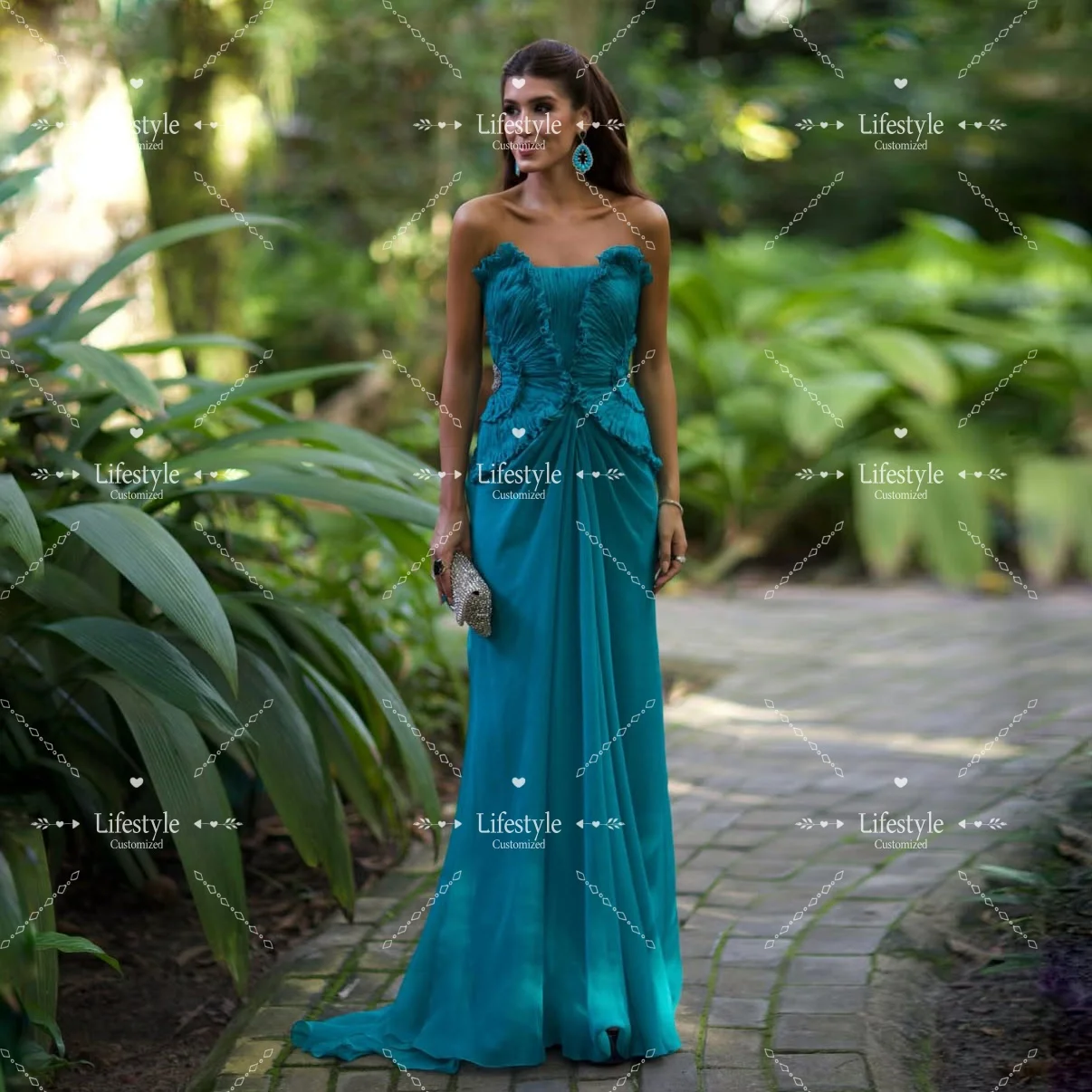 

Customized Teal Blue Strapless Ruched Ruffle Formal Evening Dresses Prom Gown Fitted Waist Mermaid Train Elegant Party Dresses