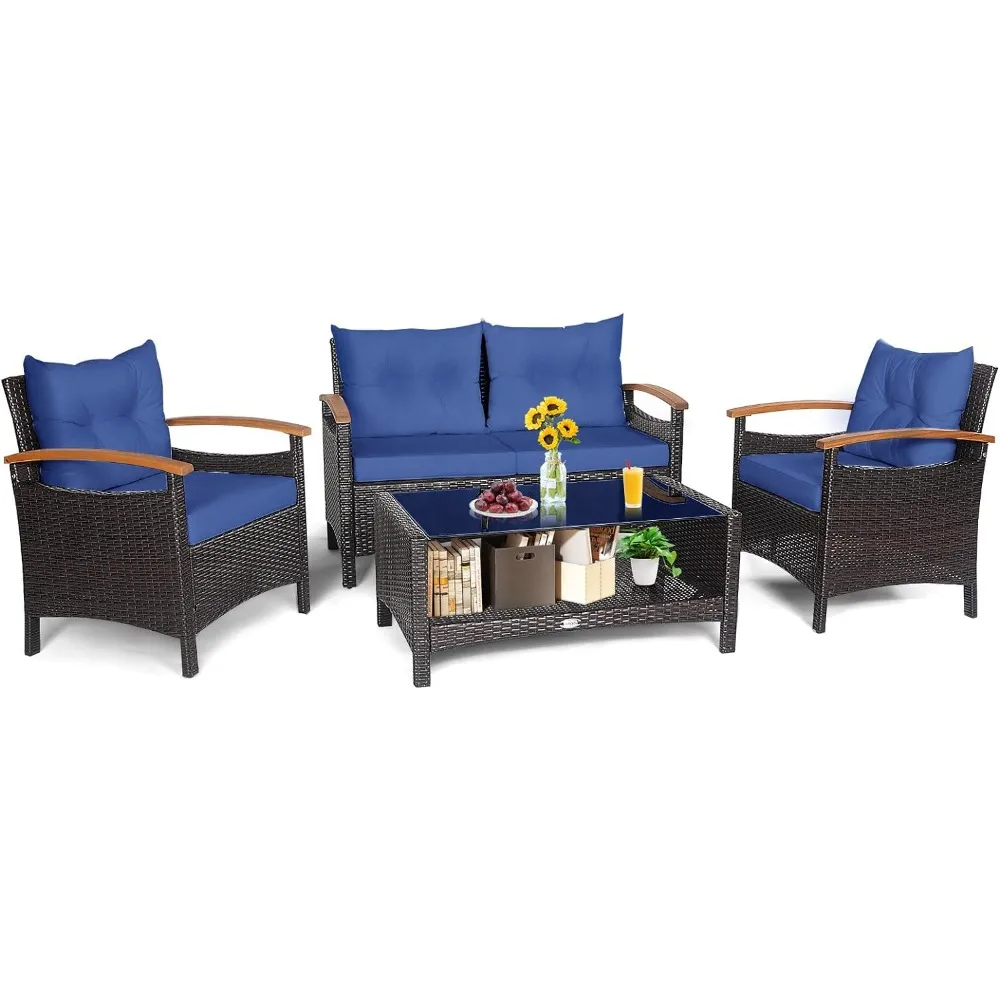 

4-piece patio rattan conversation set, outdoor wicker sofa set with 2-tier coffee table, backrest and seat cushions, acacia wood