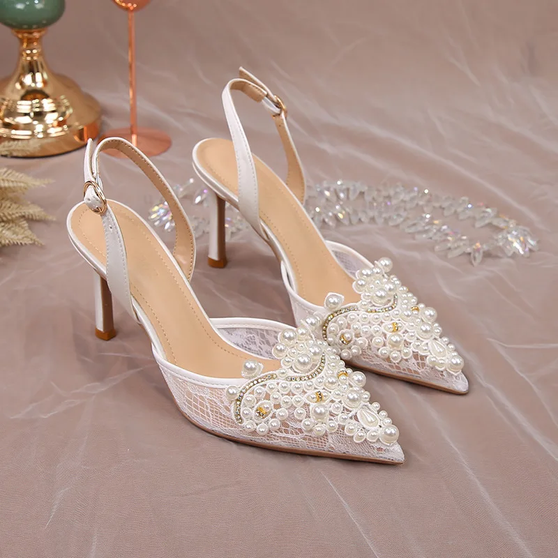2025 White Wedding Bridesmaid Shoes Women's Lace Pearl Beaded Fashion High Heels Summer Footwear Pointed Toe Black Pumps 34 42
