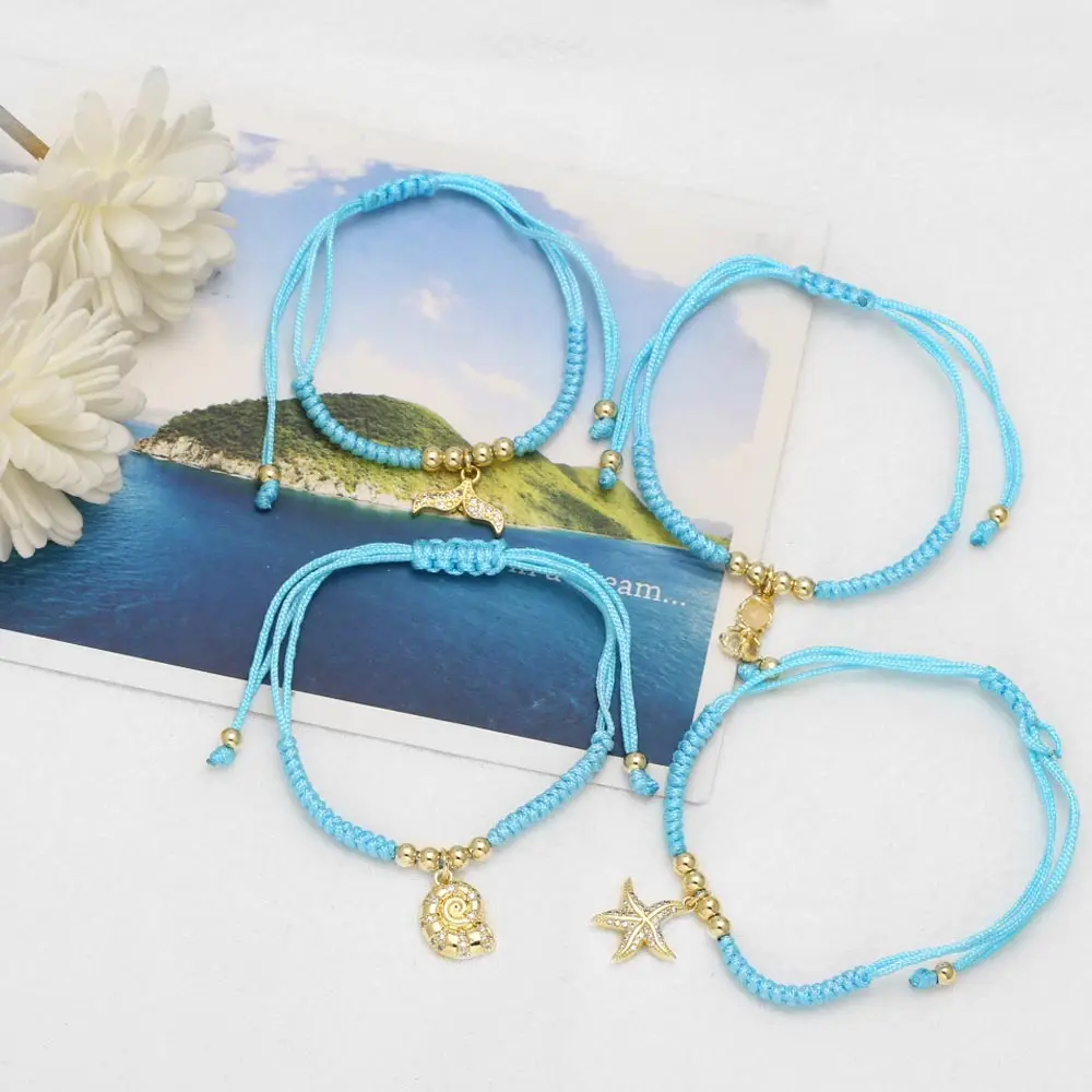 FLOLA Mini Gold Plated Starfish Conch Bracelets for Women Blue String Mermaid Tail Princess Bracelets Simple Jewelry brtm10