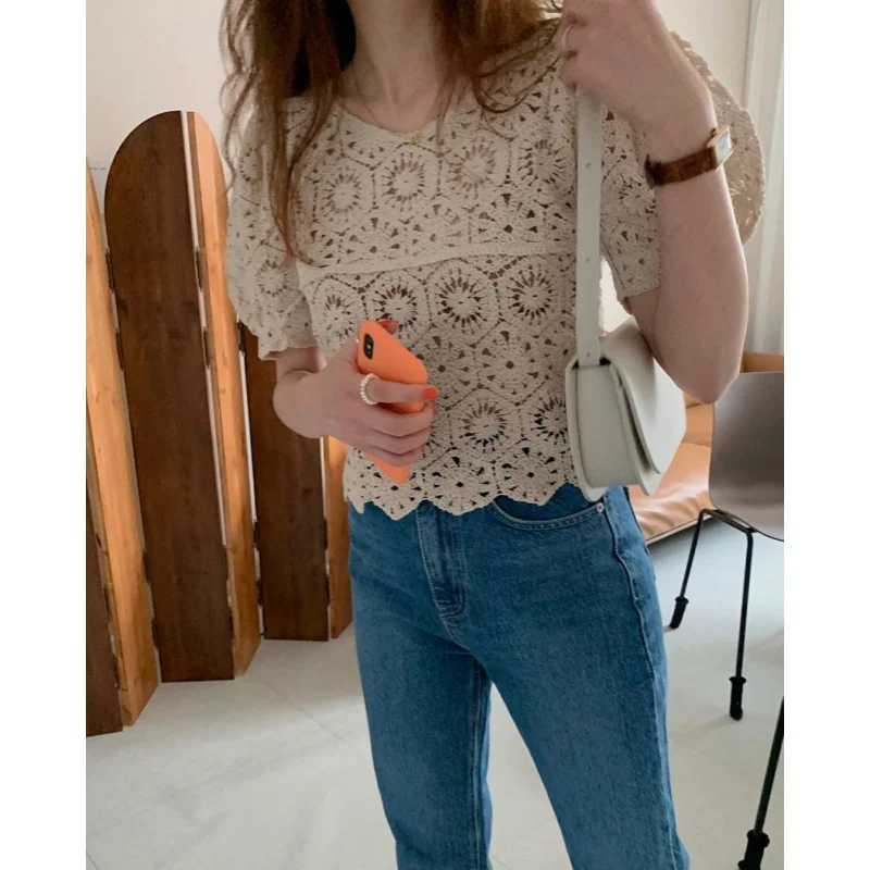 Exquisite Hollow-out Crocheted Wool Shirt 2024 Summer Slim Fit Slimming round Neck Short Thin Top