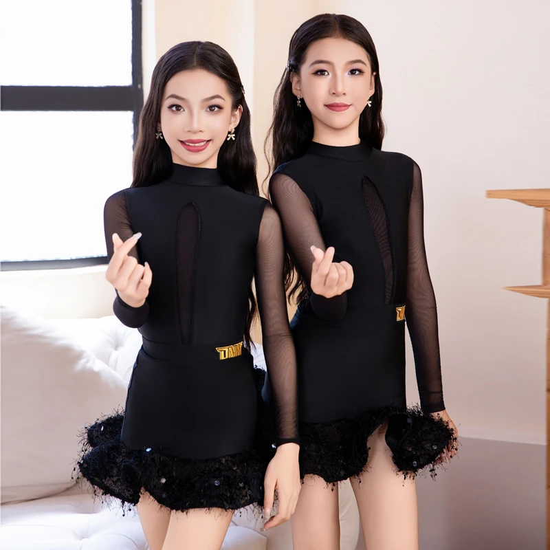 

Зимний латинский костюм 2025 года, черный танцевальный костюм для девочек, танцевальный купальник с длинными рукавами, пышная юбка, комплект для латинских танцев VDL4809