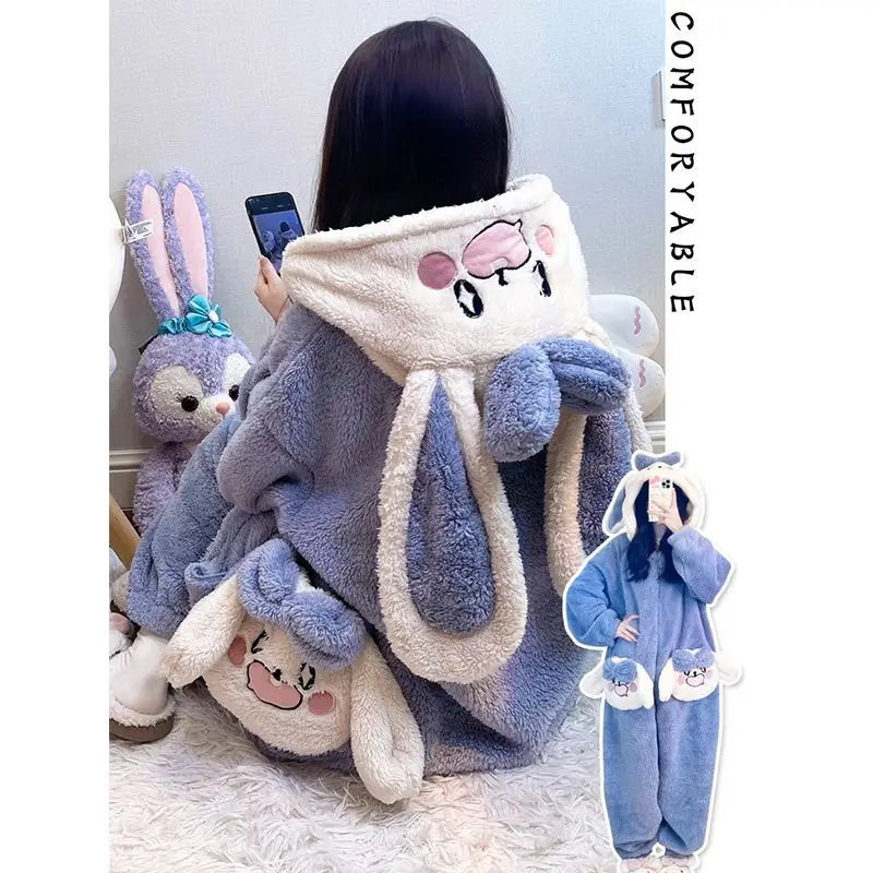 Loose Coral Fleece Jumpsuit Pajama Winter Warm Cartoon Sleepwear Onepieces Nightwear Thickened Flannel Cosplay Rabbit Home Wear