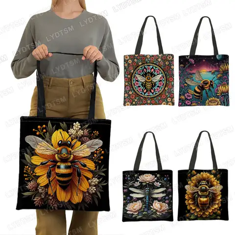 Cute Bee Sitting on The Flowers Graphic Shopping Bag Women Casual Totes Honeybee Handbag Large Capacity Reuseable Shopper Bags