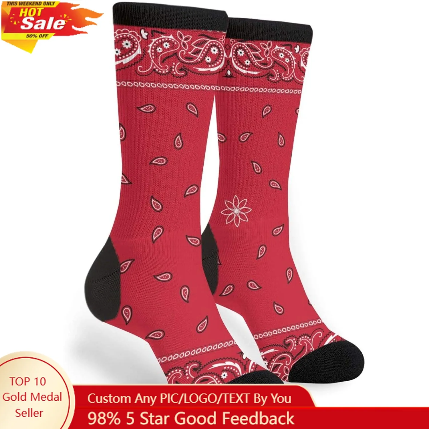 

Black Border Red Bandana Colorful Paisley Bandanna Unisex Casual Socks, Funny Novelty Crazy Crew Dress Socks