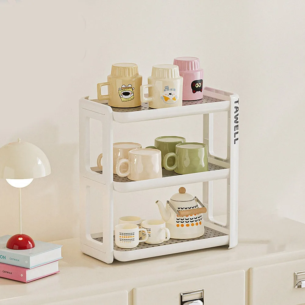 

Plastic Cup Storage Rack Large Capacity Removable Tea Cup Holder with Draining Net Cream Style Sundry Storage Tray for Home