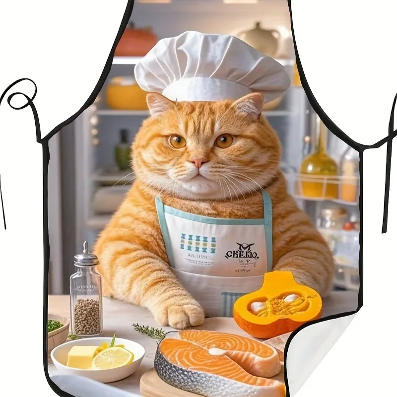 Funny Chef Cat Kitchen Apron - 3D Cartoon Cat Cooking Pattern Linen Look Chef Bib for Men Women Baking Gift Home Decor