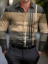 Men's shirt regular lapel shirt men's 3d printed plaid simple striped print casual street long sleeve fashion print shirt