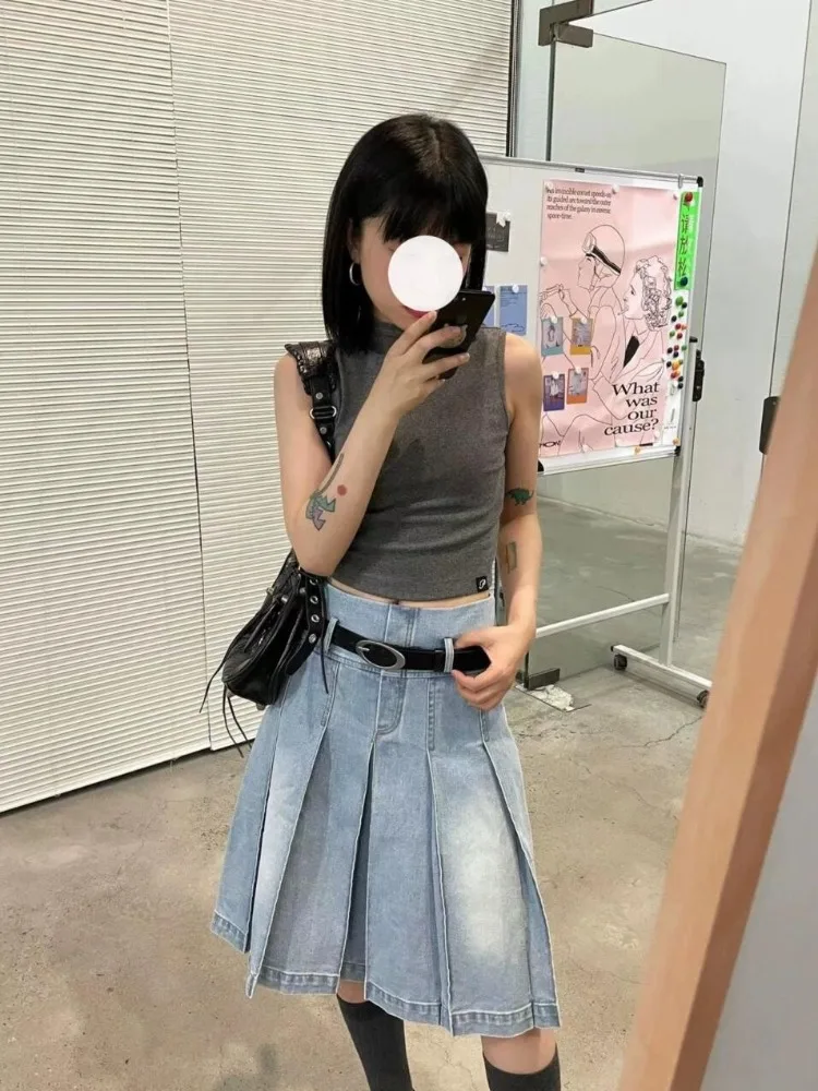 

HOUZHOU Y2k Aesthetic Streetwear Denim Pleated Skirt Women American Retro High Waist A-line Distressed Knee-lenght Jeans Skirts