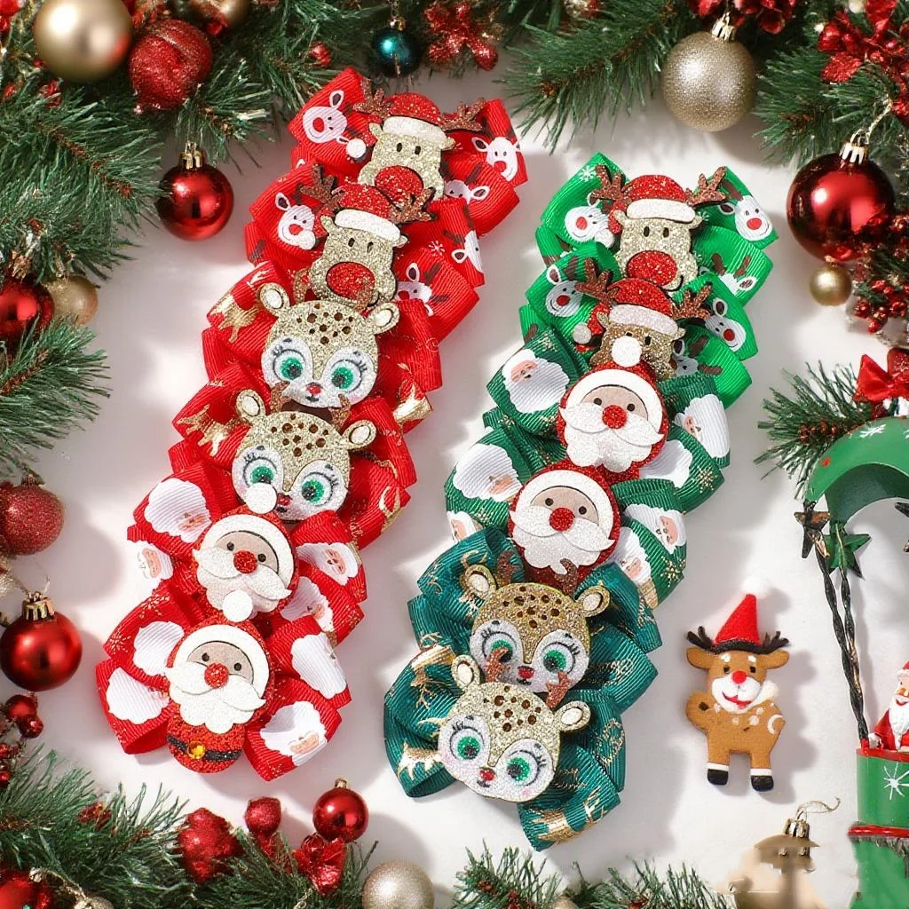 

4pcs/set New Christmas New Year Hair Bow Clips for Baby Girls Glitter X'mas Santa Elk Hairpin Cute Kid Hair Accessories Headwear