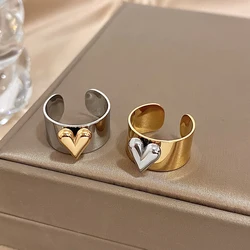 Greatera Stainless Steel Heart Pattern Cuff Ring For Women Men Tide Wide Thick Personality Exaggerated European American Jewelry