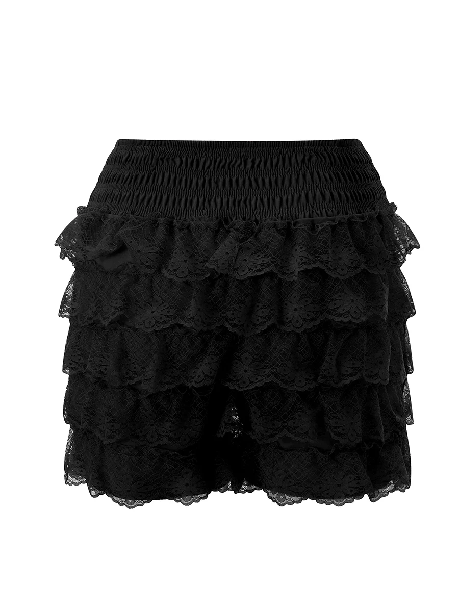 Women s Floral Lace Lingerie Shorts Elastic Waist Tiered Ruffled Bodycon Short Pants