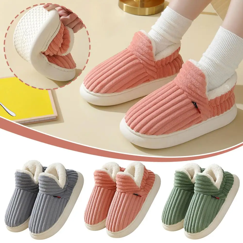 New Winter Concise Stripe Plush Slippers Children's Cotton Warm Soft Girls Boys Wrap High Shoes Home Sole Heel Kids Non-sli Q9A1