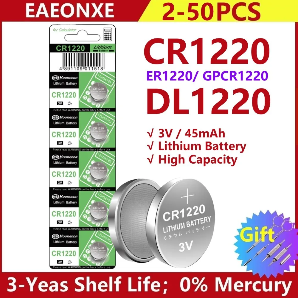 Batería de litio para reloj de coche, de 2-50 piezas pila de botón, 45mAh, CR1220, ECR1220, GPCR1220, 5012LC, 3V, novedad