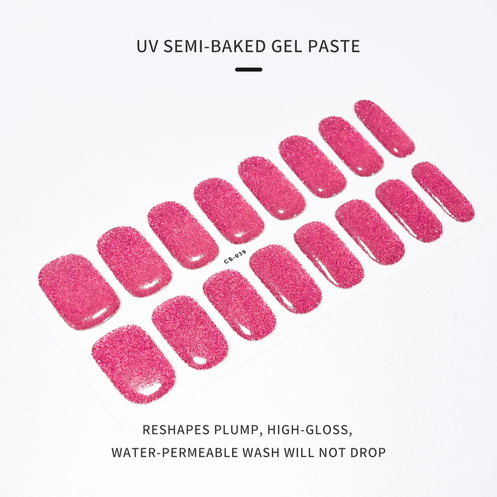 Semi-uitgeharde gel nagelsticker 16 tips glitter roze UV gel nagel glitterstickers volledige dekking langdurige UV-lamp uitgeharde manicure tips