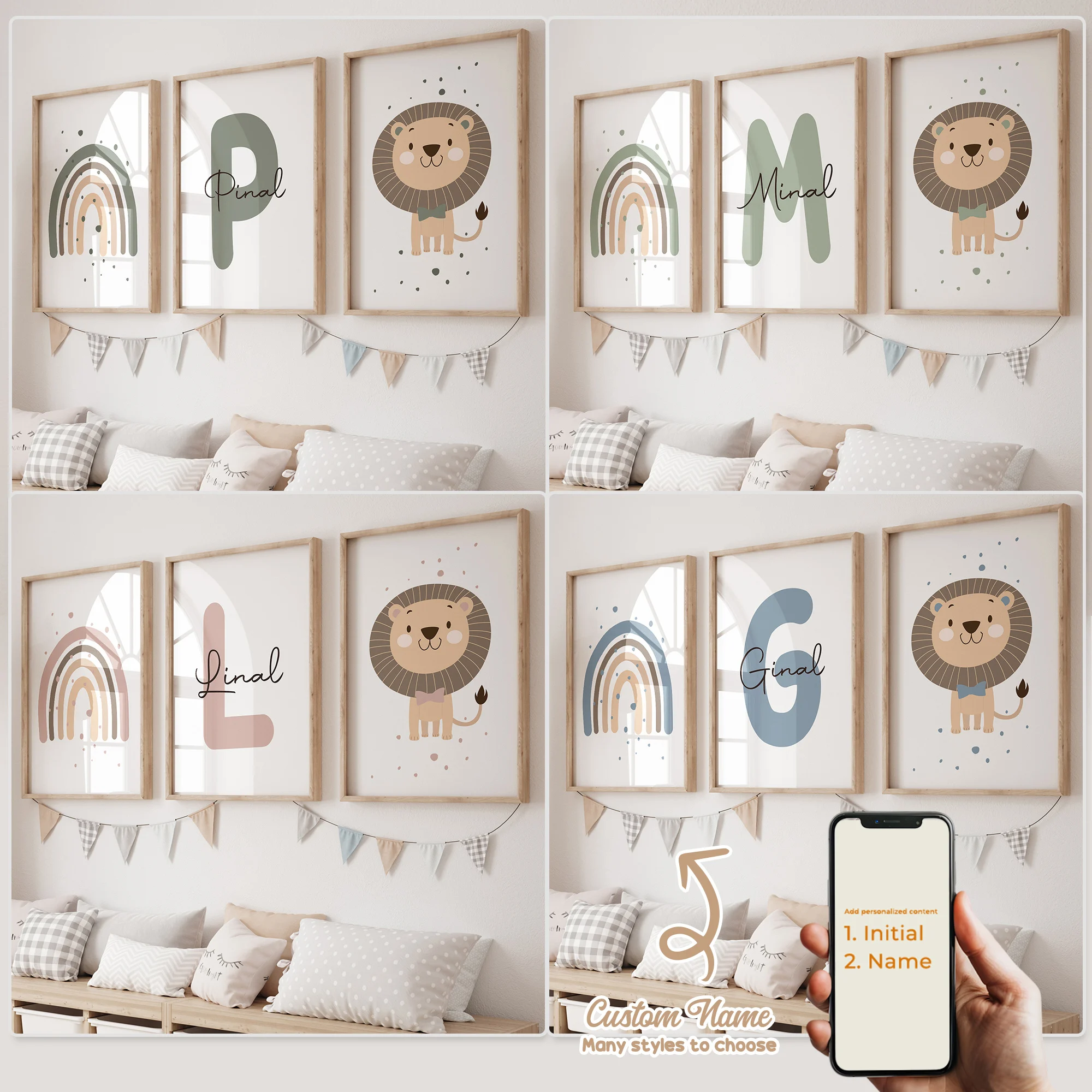 3pcs Personalized Custom Name Cartoon Rainbow Wall Art Print