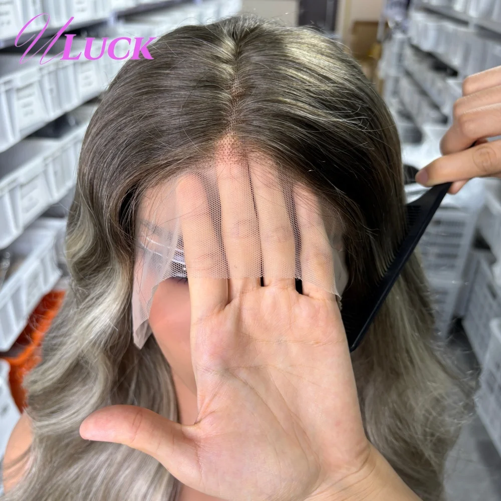 Uluck الجسم موجة الرماد شقراء اللون 13x6 الدانتيل الباروكة الأمامية Preplucked 100% البرازيلي ريمي خصلات الشعر المستعار الإنسان للنساء البيض ارتداء للذهاب