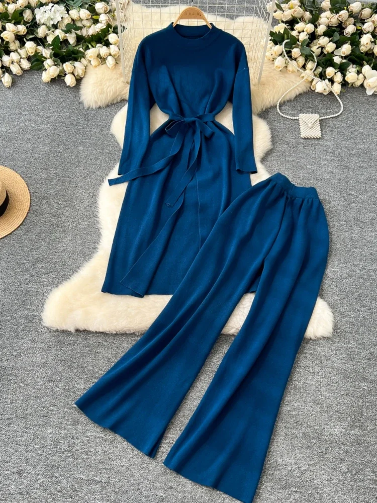 Autumn Winter Knitted Sweater Two-piece Set Women Medium Long with Straps Split Long Sweater High Waisted Straight Pants Suits