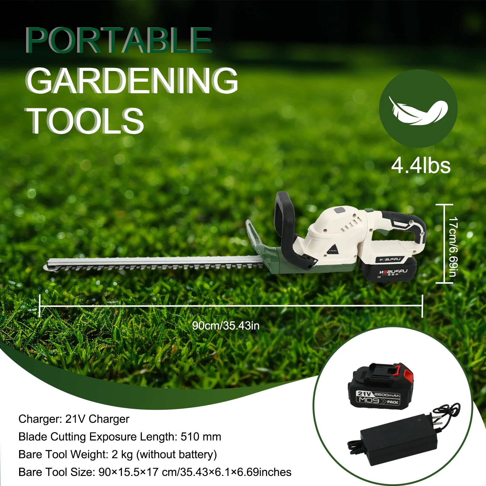 20 Inch Cordless Hedge Trimmer 21V Dual Action Blade Electric 20000RPM Handheld Shrub Trimmer Tool with 4.0Ah Battery Charger