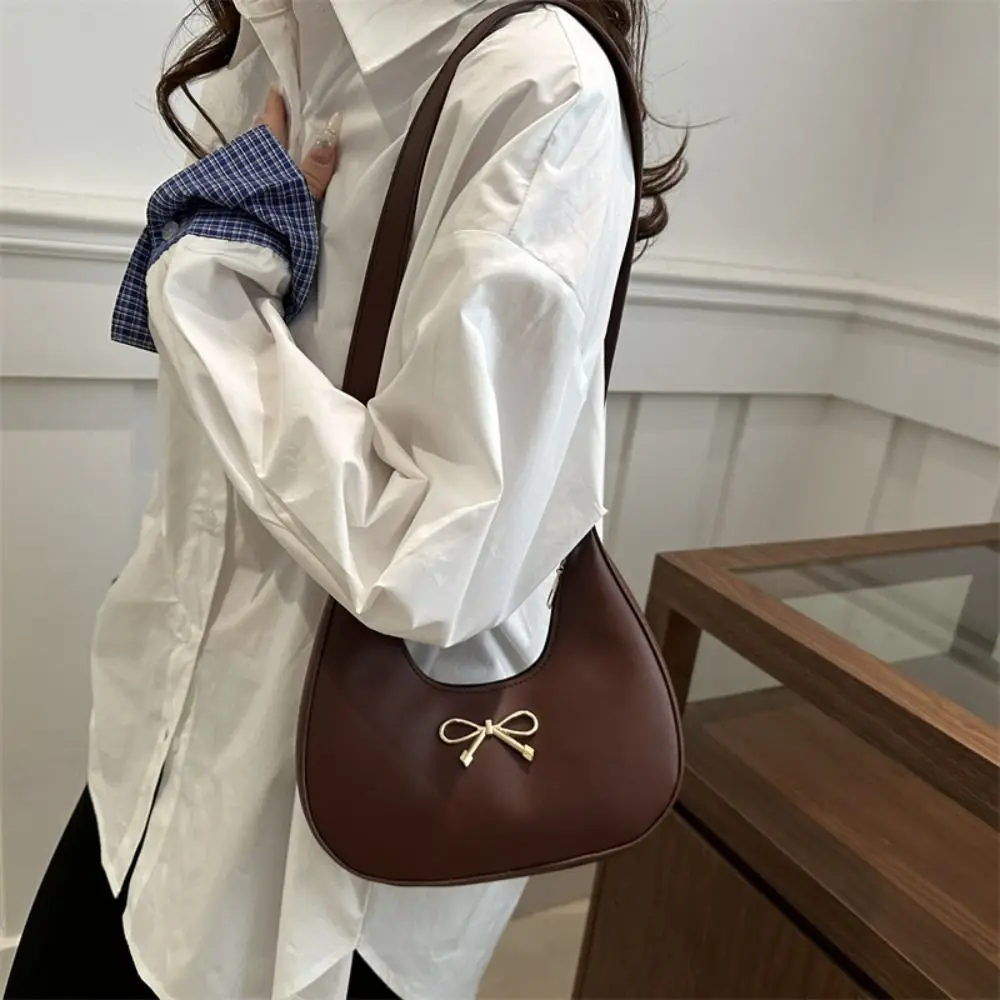 

Versatile Korean Style Bow Shoulder Bag Handbag PU Leather Crescent Bag Large Capacity All-match Crossbody Bag Women