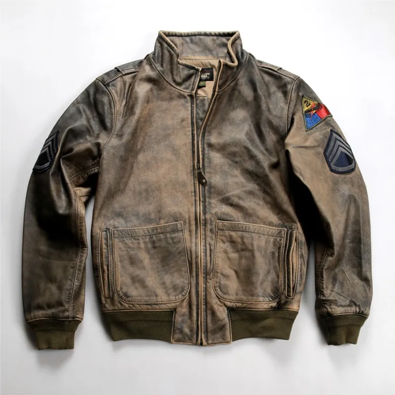 Men's stand-up collar embroidered stone-ground washed yellow cowhide leather made of