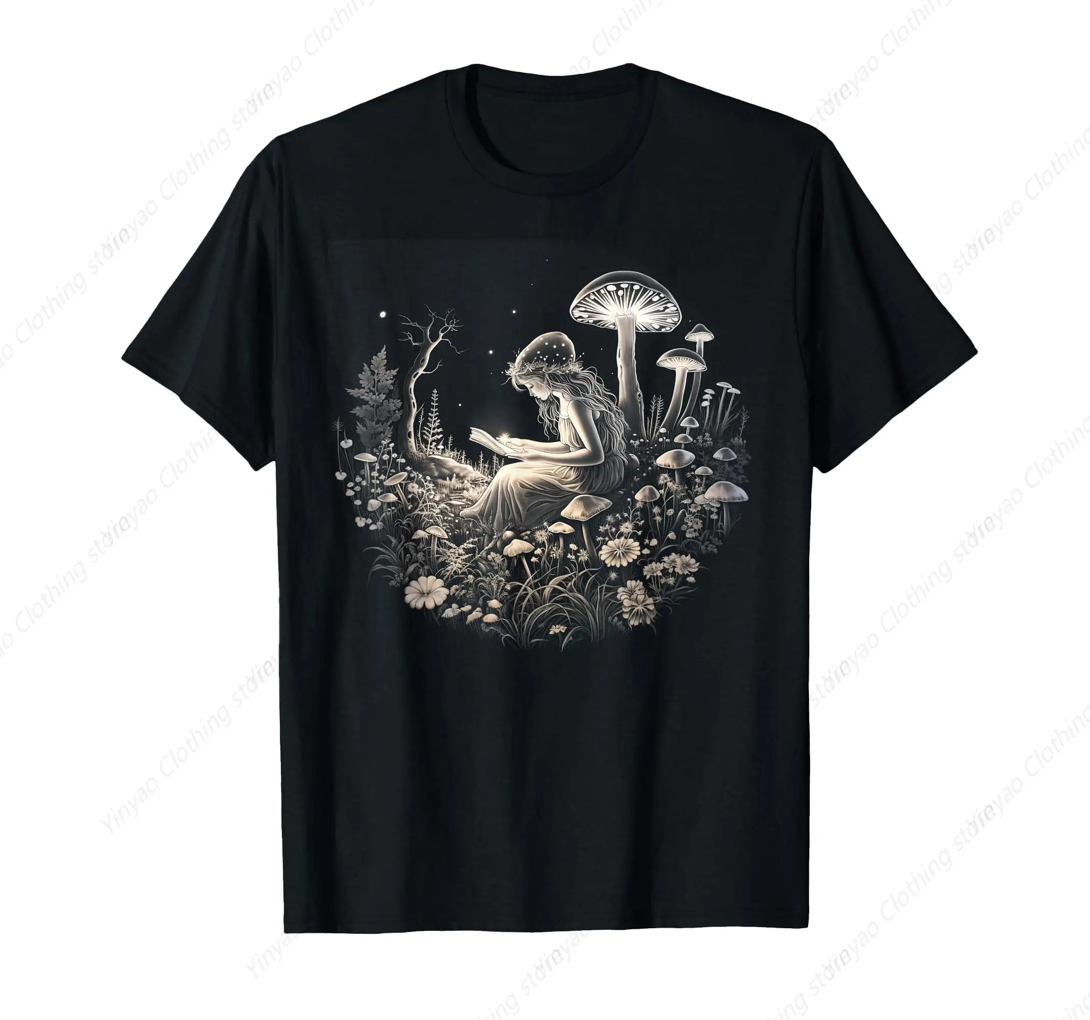 

Fairy Mushroom Printed Reading T-Shirt Fun Fashion Personalized Shirt Black Pure Cotton Breathable Clothes