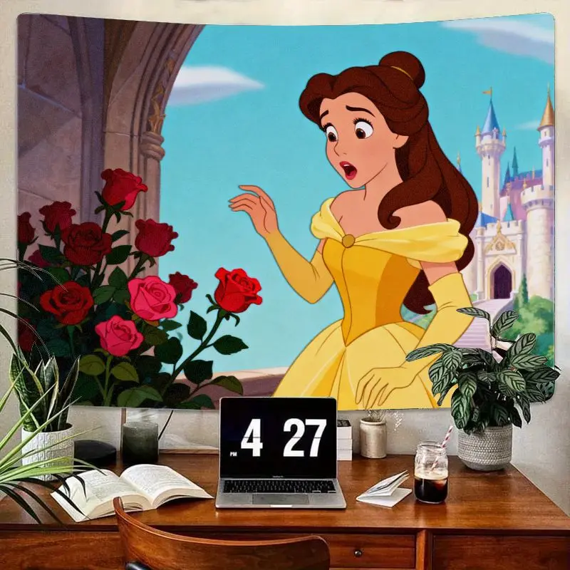 

1 шт., гобелен принцессы Диснея Белль, красиво и чудовище, желтое платье, настенное искусство, эстетический полиэстер, декор комнаты, подарок для фанатов