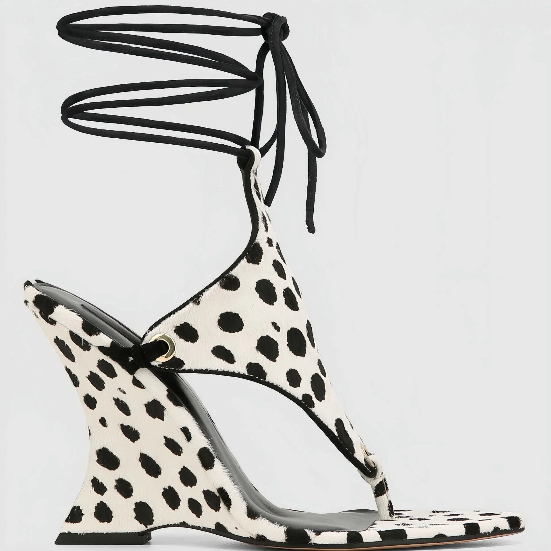 Women Dalmatian Print Pony Hair Wedge Sandals Lace-Up Ankle Wrap Heels with Thong Strap and Square Toe Bold Footwear for Parties