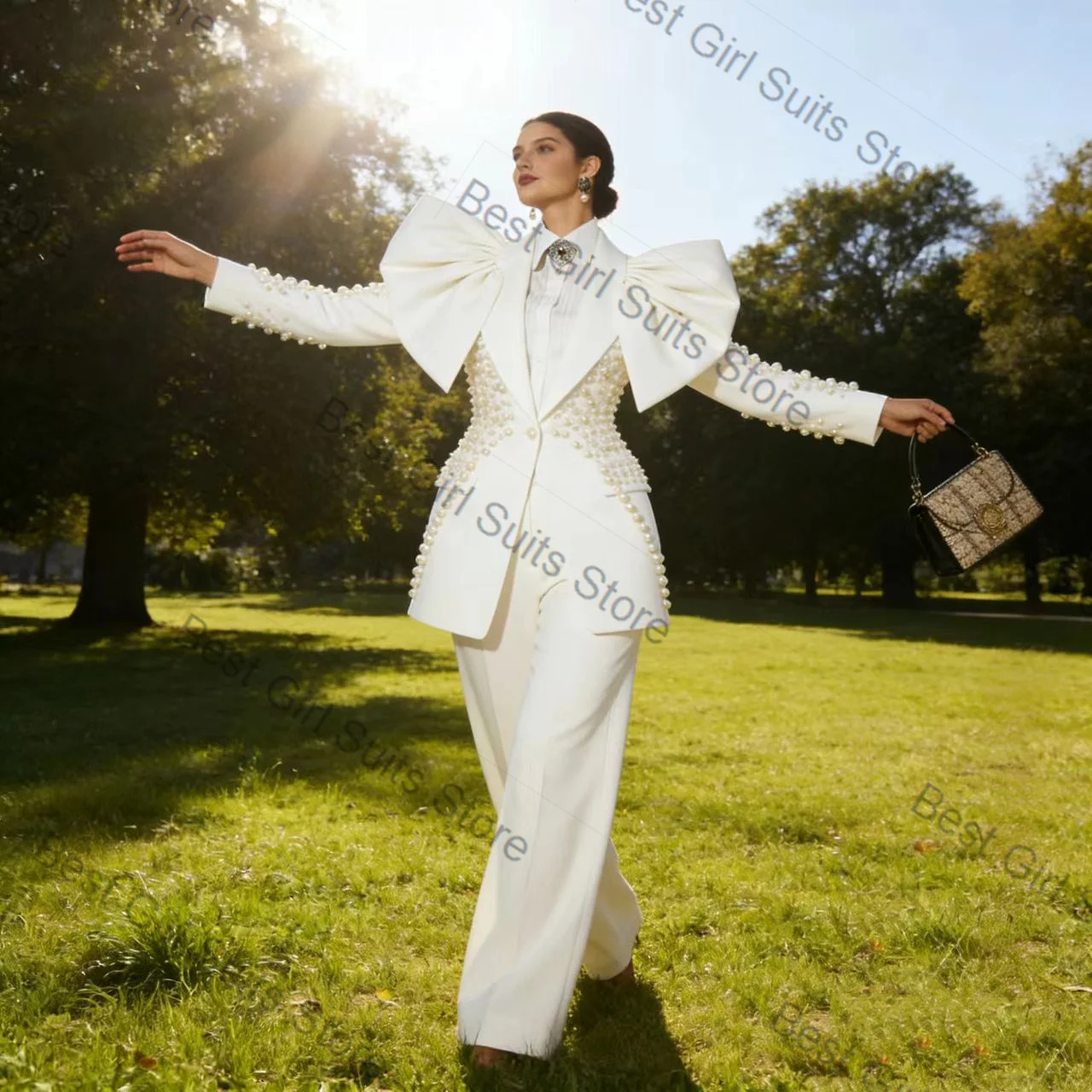 

Luxury Pearls Women Suit Set 2 Piece Blazer+Pants Trousers Cotton Formal Office Lady Jacket Customized Wedding Coat
