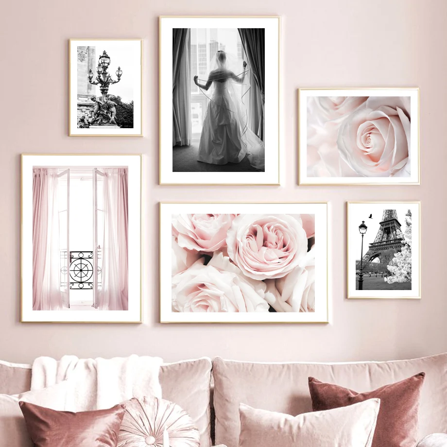 Paris Balcony Lady Tower Pink Rose Flower Posters And Prints Wall Art Mural Canvas Painting Decoration Pictures For Living Room