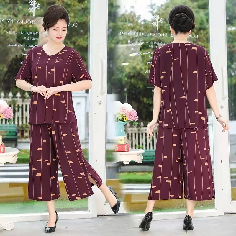 Middle-Aged Elderly Mother Pant Suit Short-Sleeved Large Size Grandma Clothes Loose Spring Summer Womens Two Peice Sets 2XL-8XL