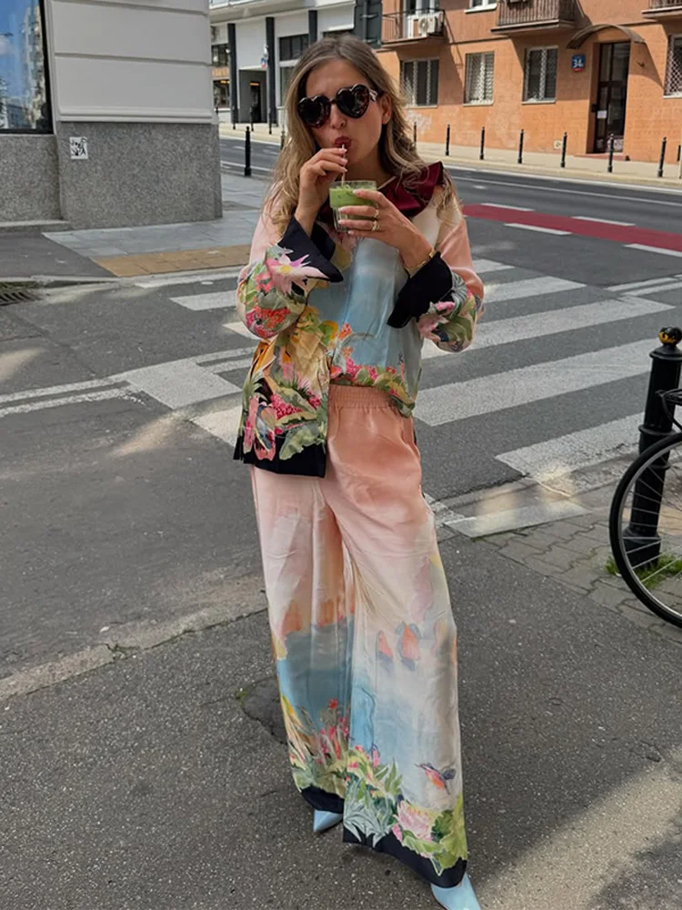 

Retro Printed Lapel Shirt Long Pant Set Lady Casual Single Breasted Shirts Loose Straight Pants Sets Women Chic Street Outfits