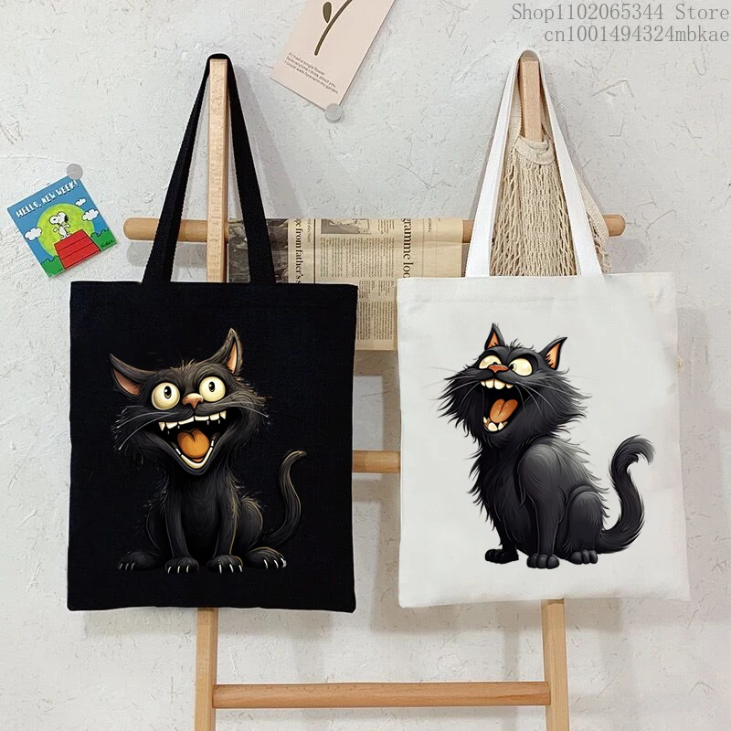 

Забавная Холщовая Сумка-тоут с рисунком черного кота из аниме, 1 шт., женская модная сумка-шоппер на плечо с животным котенком, дорожная сумка для хранения для подростков