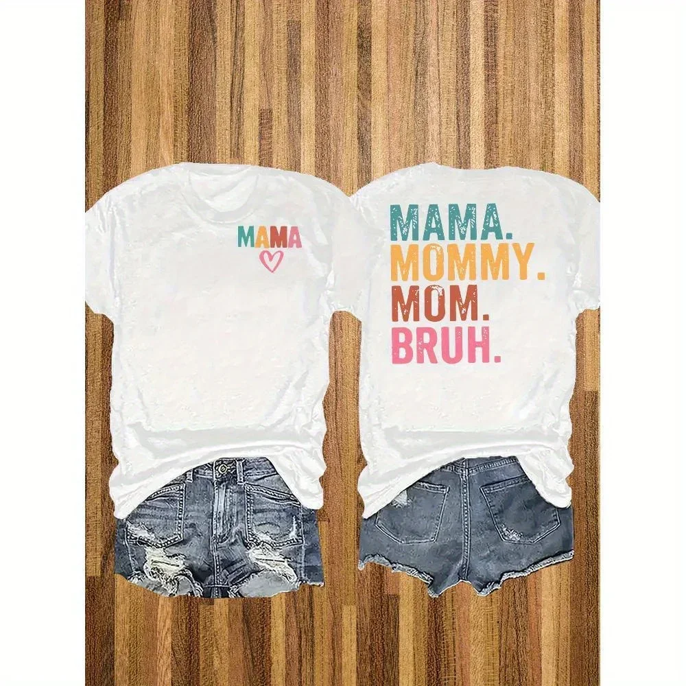 

Plus-Size 'MAMA MOMMY MOM BRUH' Graphic T-Shirt - Double-Sided Print, 100% Soft Round Neck Short Sleeve Tee, Machine Washable