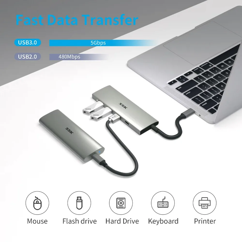 SSK USB C 허브 멀티 포트 어댑터, 맥북 아이패드 프로 에어 PC 액세서리용, USB C-HDMI USB 3.0, 100W PD 어댑터, 4K, 60Hz