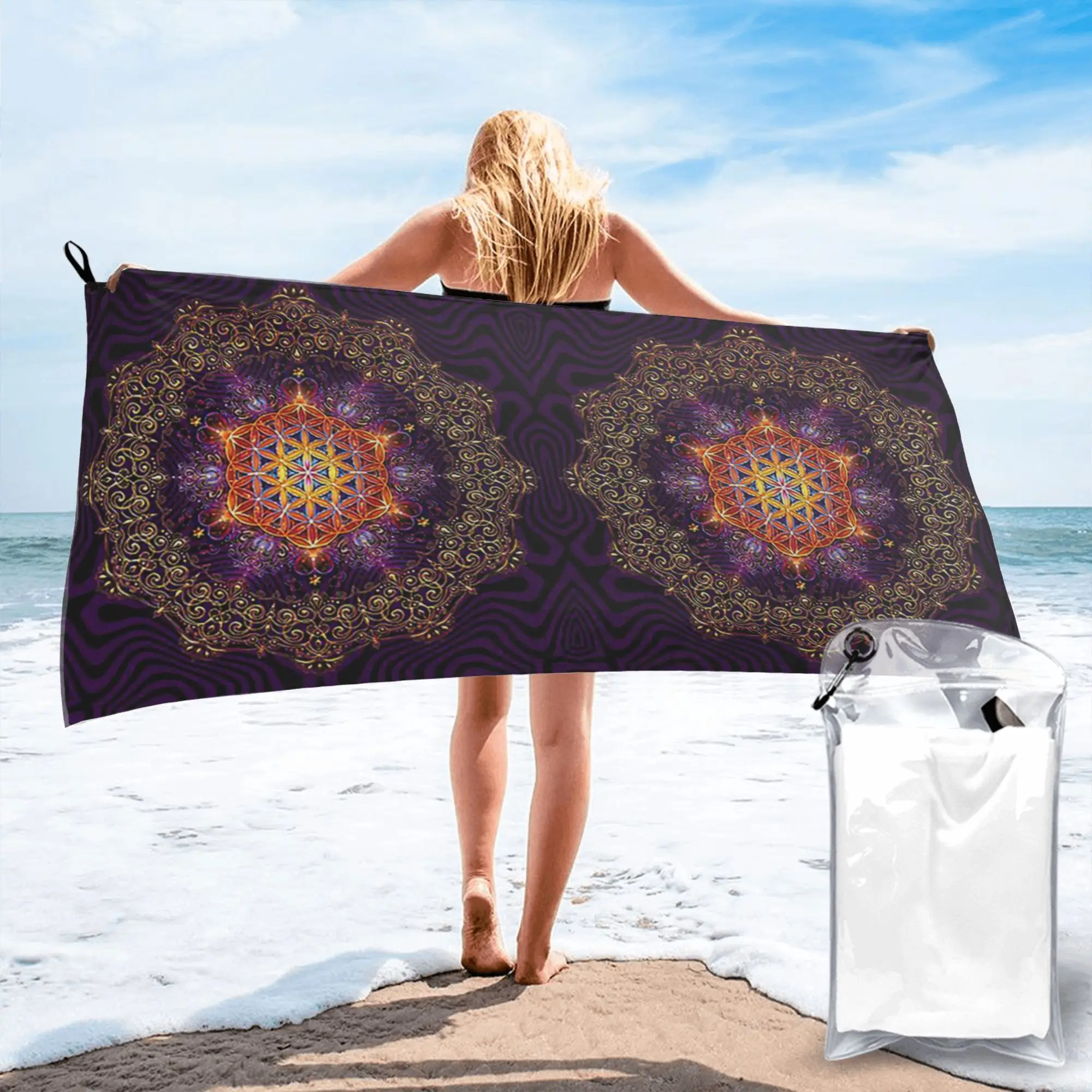 

Пляжное полотенце с золотым кружевом и мандалой «Цветок жизни», мягкое, из микрофибры, быстросохнущее, впитывающее, для бассейна