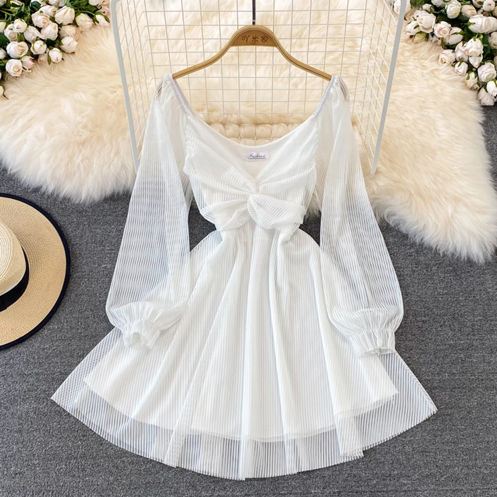 

Spring Autumn French Dress Women White V-Neck Lantern Sleeve Mesh Dresses Casual Fashion Hollow Out Pleated A-line Skirt
