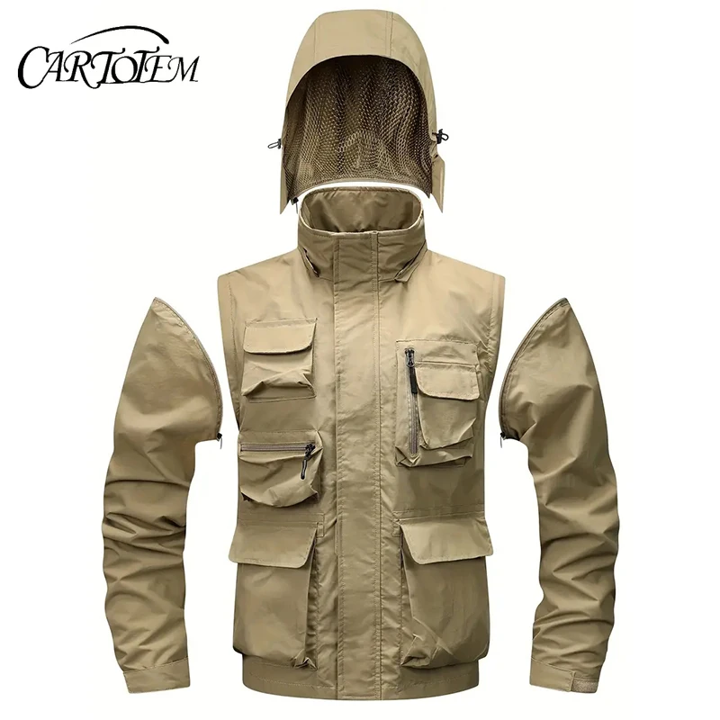 

Съемная ветрозащитная куртка с капюшоном, подходящая для мужских активного отдыха, повседневный водонепроницаемый штурмовой костюм, многоместный грузовой жилет