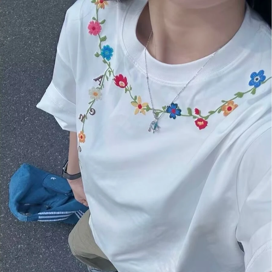 100% Cotton White Embroidered Flowers Short Sleeve for Women Casual Men O-Neck Streetwear Tees oversize Pullover Unisex T-Shirts