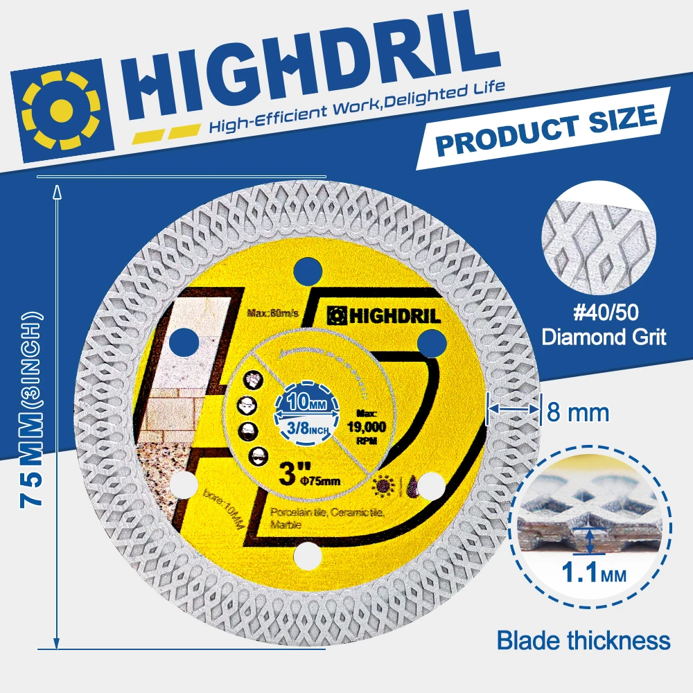 Imagem -02 - Highdril-mini Lâmina de Serra Azulejo Mármore Disco de Corte Cerâmica Porcelana Granito Grés Circular Turbo Malha 75 mm Peça