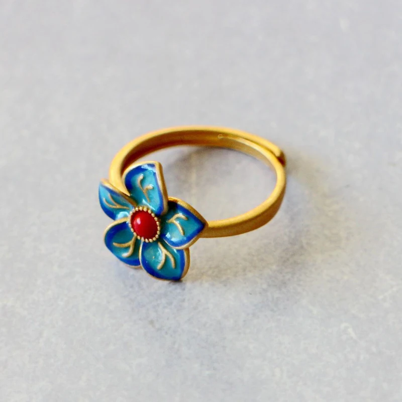 

Cloisonne Exquisite Enamel Flower rings for women Vintage Chinese Southern red tourmaline Ancient Gold Craft Jewelry gift